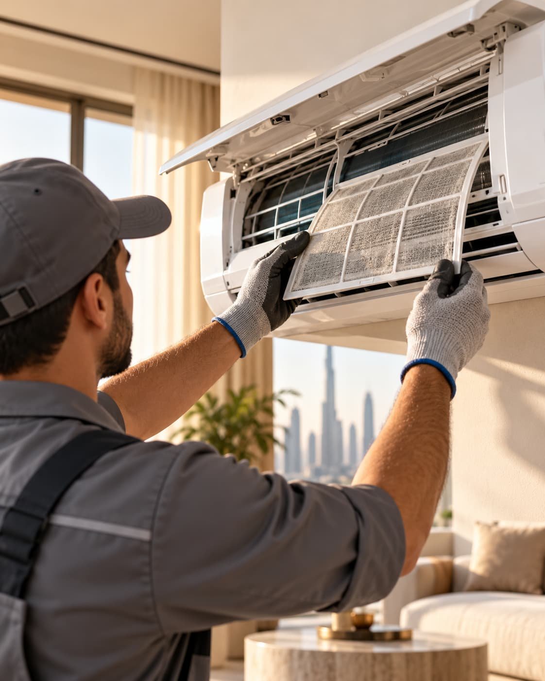AC technician cleaning the filter of a split AC unit in a Dubai apartment